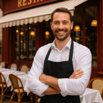image de marque : un restaurateur fait la pose devant son restaurant