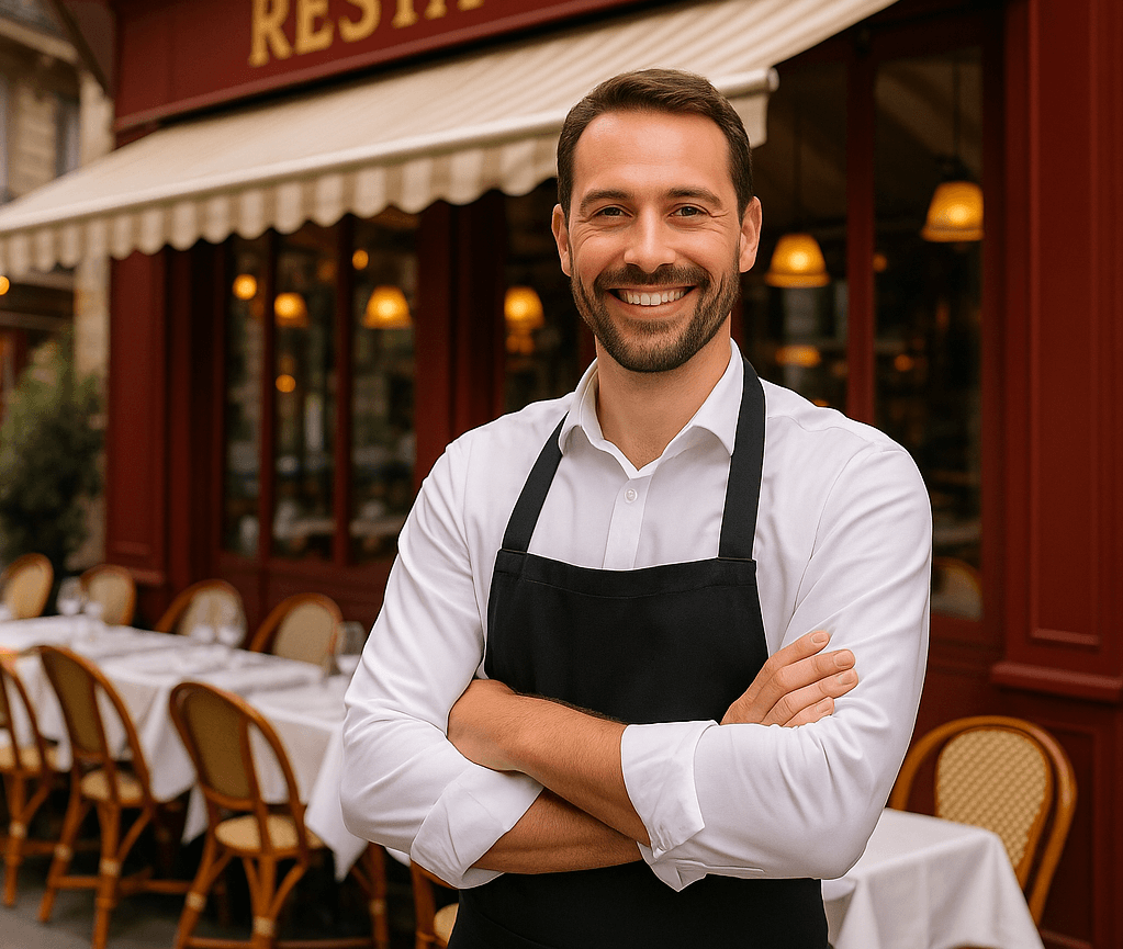 image de marque : un restaurateur fait la pose devant son restaurant