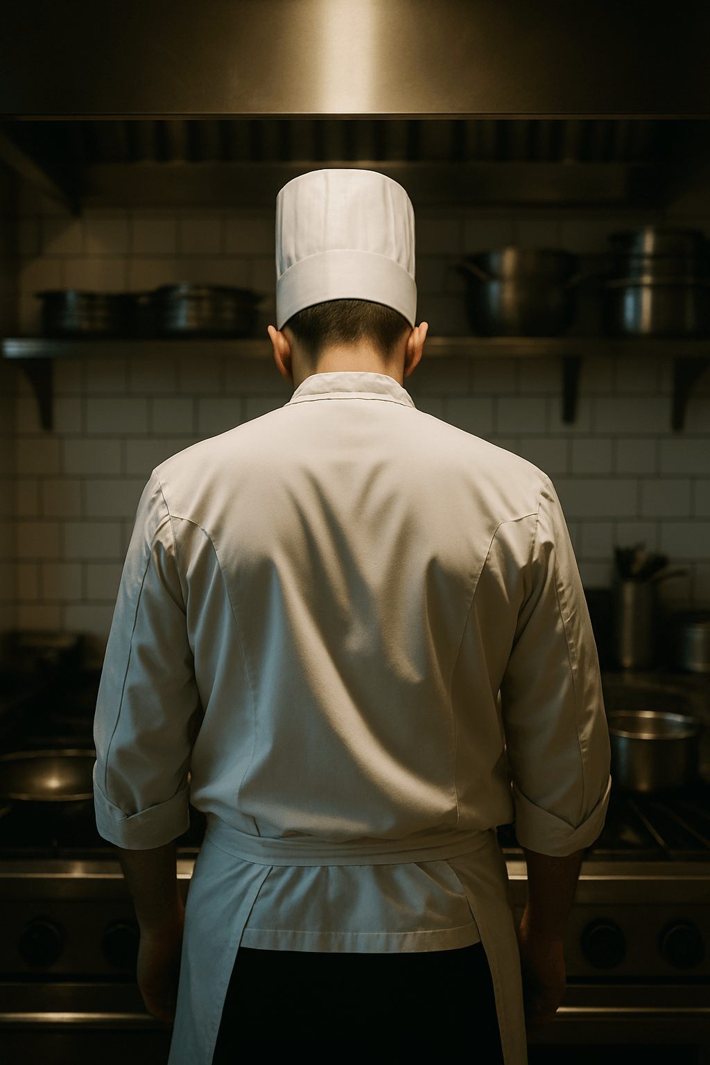 un cuisinier de dos tête baissée