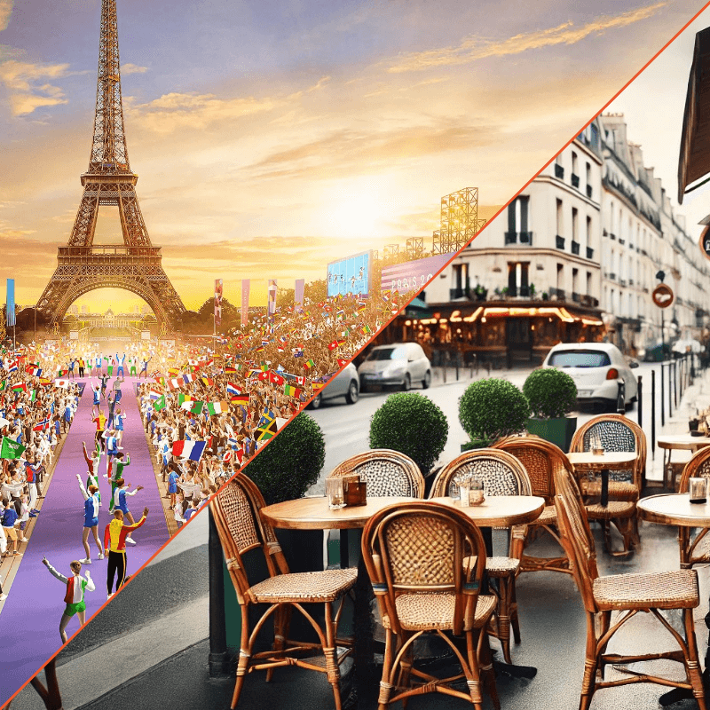 image représentant une foule attendue pour le JO de paris 2024 VS une image des terrasses vides Parisiennes