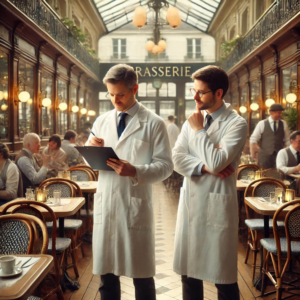 Visuel Augmenter les ventes de son restaurant, on y voit deux scientifiques en blouse blanche en train de prendre des notes en plein milieu d'une brasserie Parisienne