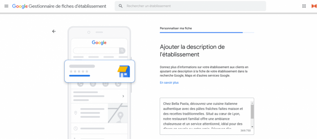 copie d'écran de la partie description d'établissement sur la fiche Google my Business