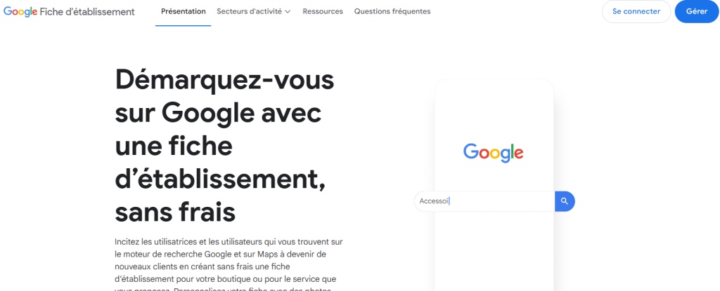 connexion à la fiche établissement de google