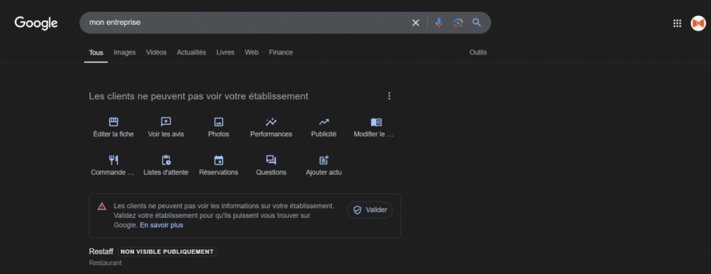 copie d'écran d'un établissement en attente de validation sur Google my Business