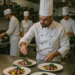 un cuisinier fait le dressing de plats et d'autres cuisiniers travaillent en arrière plan