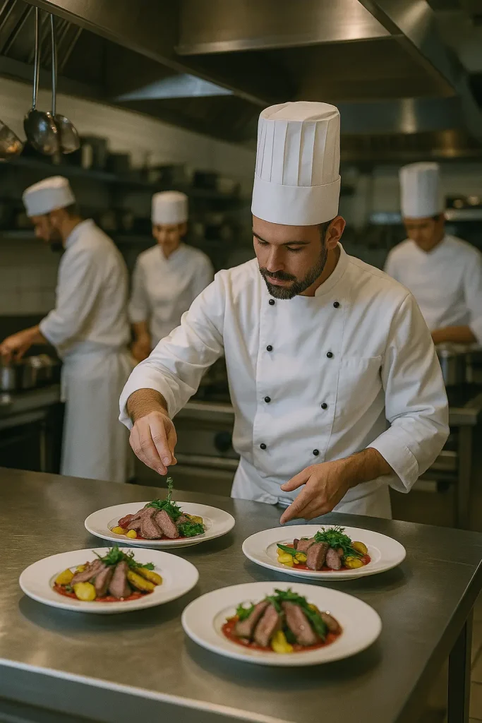 un cuisinier fait le dressing de plats et d'autres cuisiniers travaillent en arrière plan