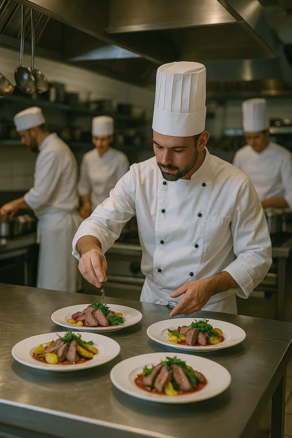 un cuisinier fait le dressing de plats et d'autres cuisiniers travaillent en arrière plan