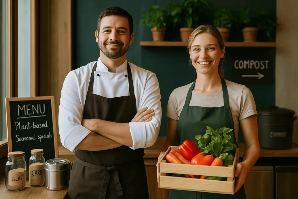 restaurant écoresponsable : les gérans posent devant leur menu végé avec leur cagette de légumes frais