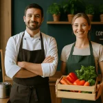 restaurant écoresponsable : les gérans posent devant leur menu végé avec leur cagette de légumes frais