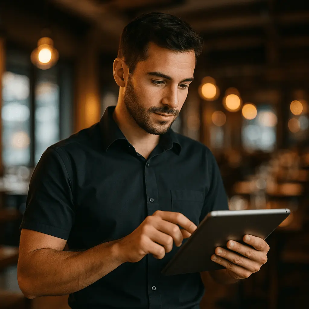 Un serveur sur sa caisse enregistreuse ipad