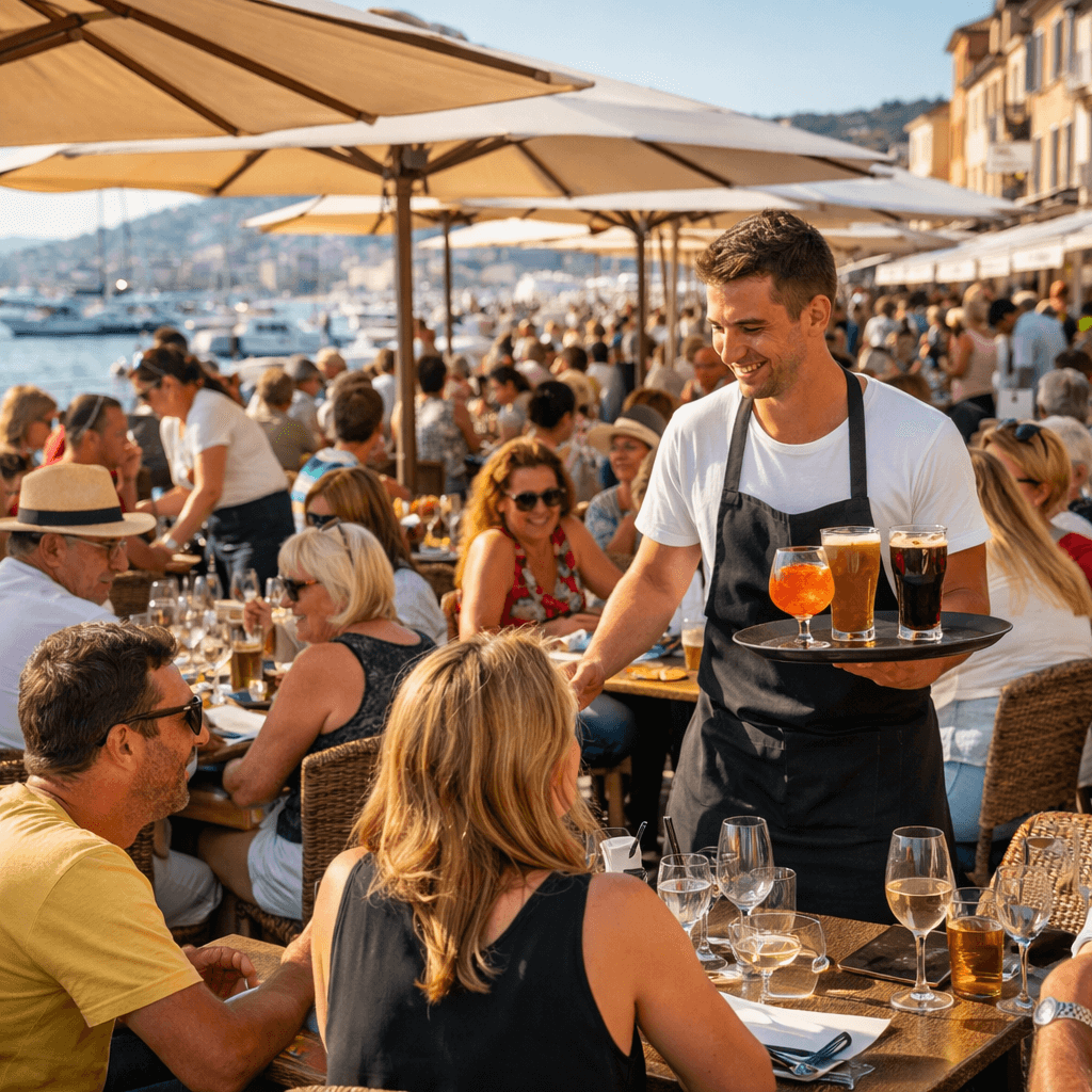 recruter pour l'été 2026 en restauration : un serveur sur sa terrasse remplie de clients