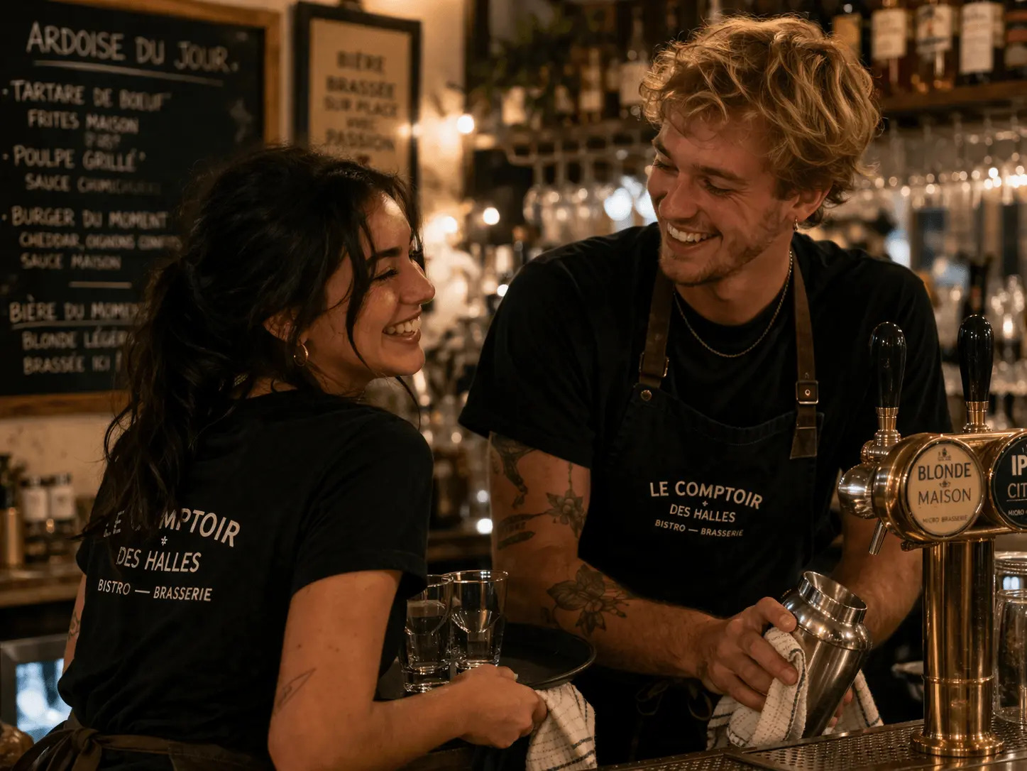 qualité de vie au travail en restauration : moment de complicité entre un barman et une serveuse
