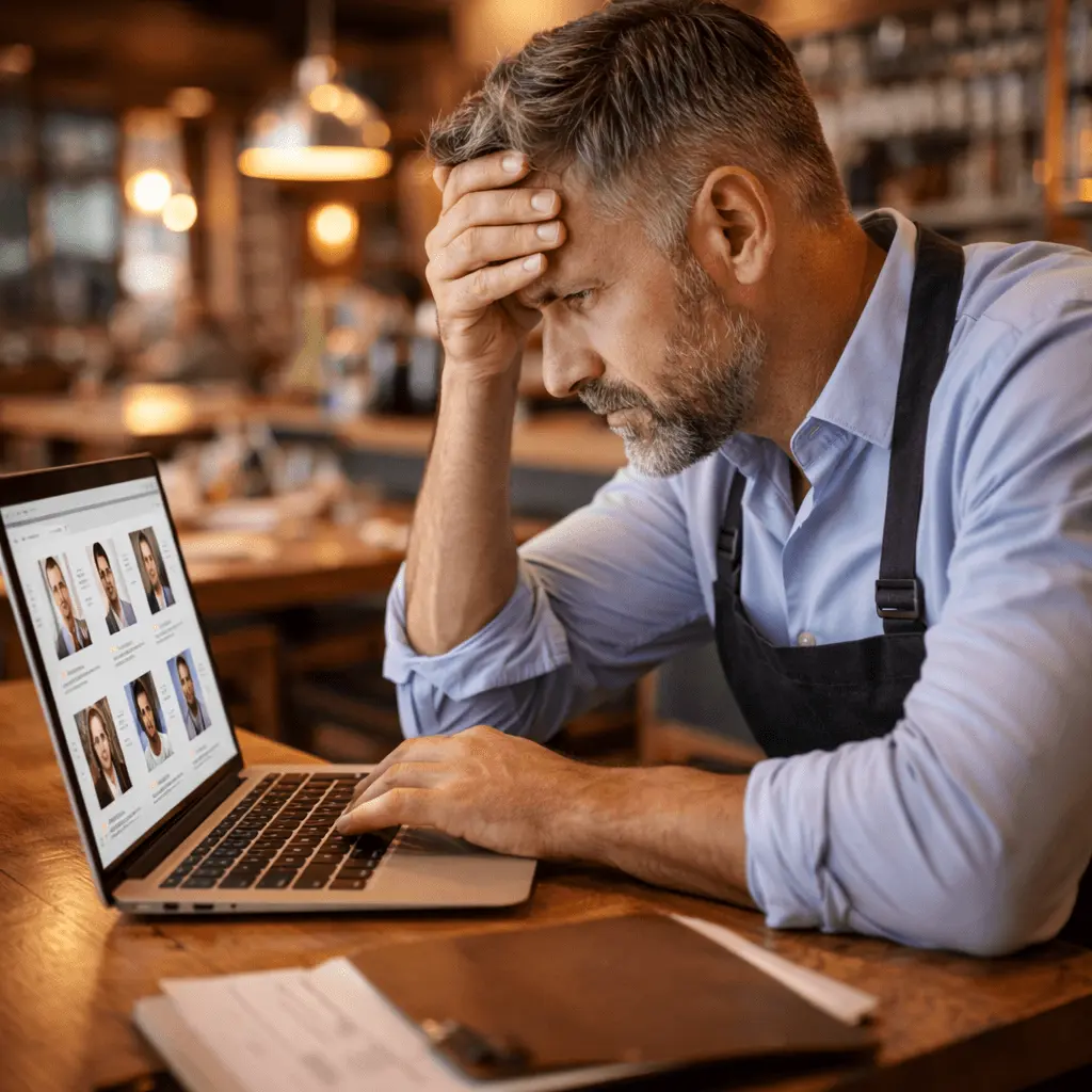 coût extra restauration : un restaurateur regarde une plateforme de recrutement sur son ordinateur
