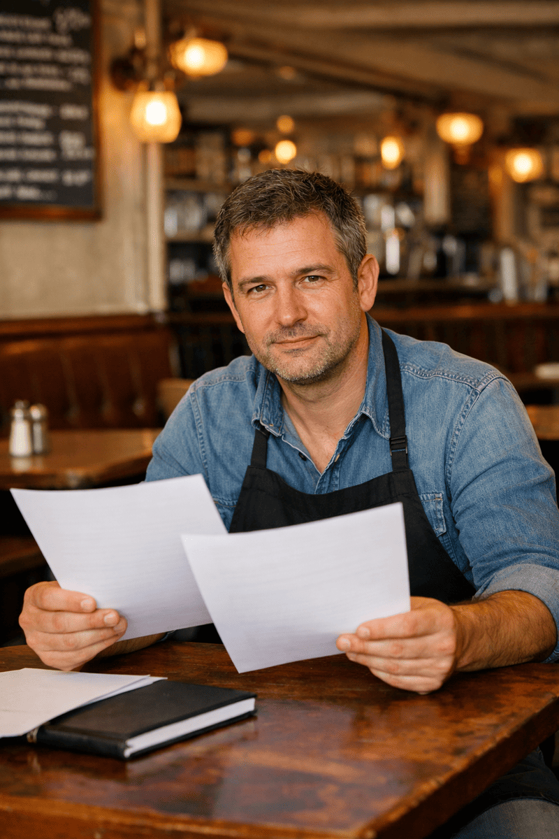 un restaurateur avec son contrat d'extra dans les mains