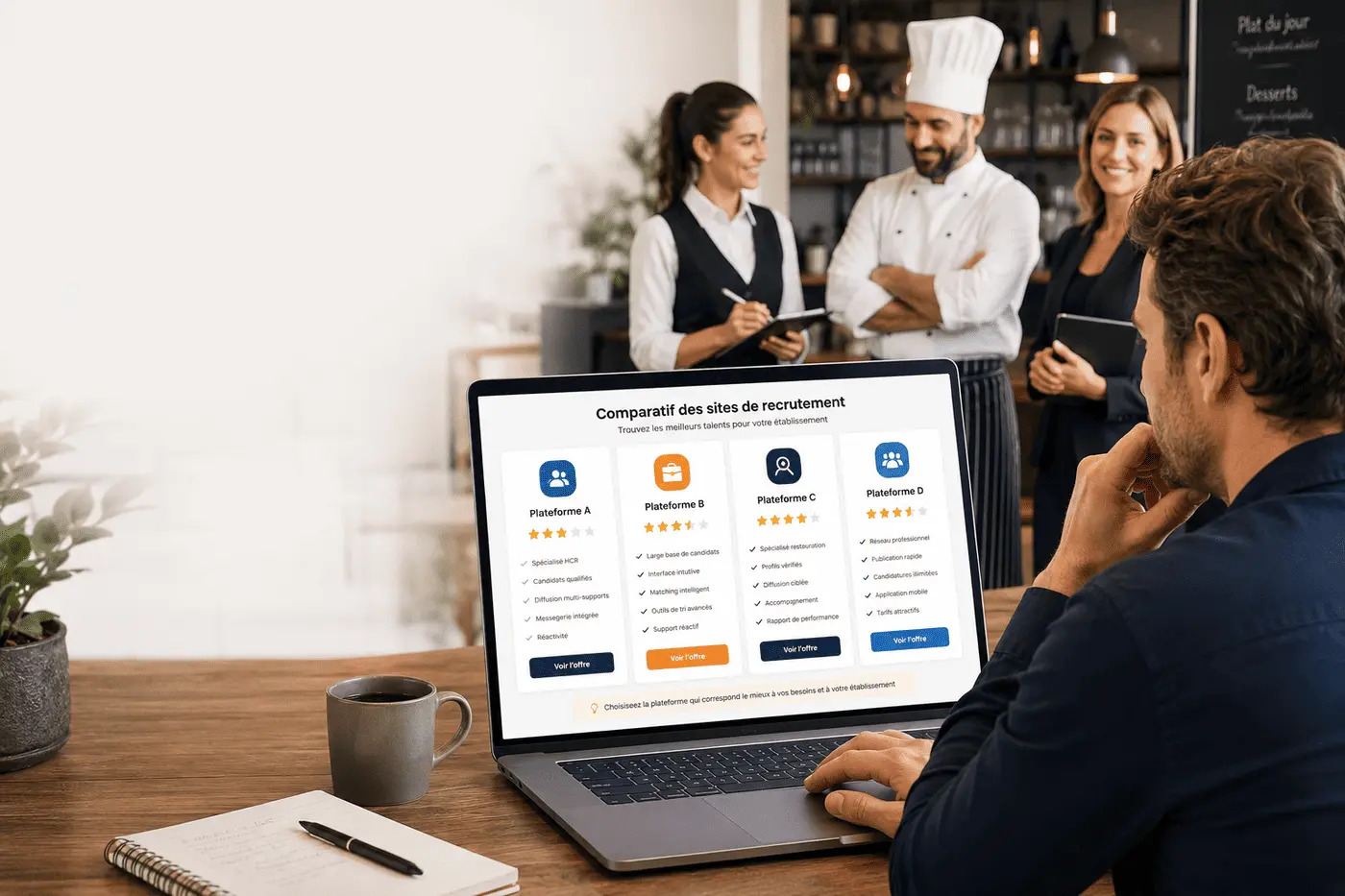un restaurateur recherche la meilleure plateforme de recrutement en hôtellerie restauration sur son ordinateur