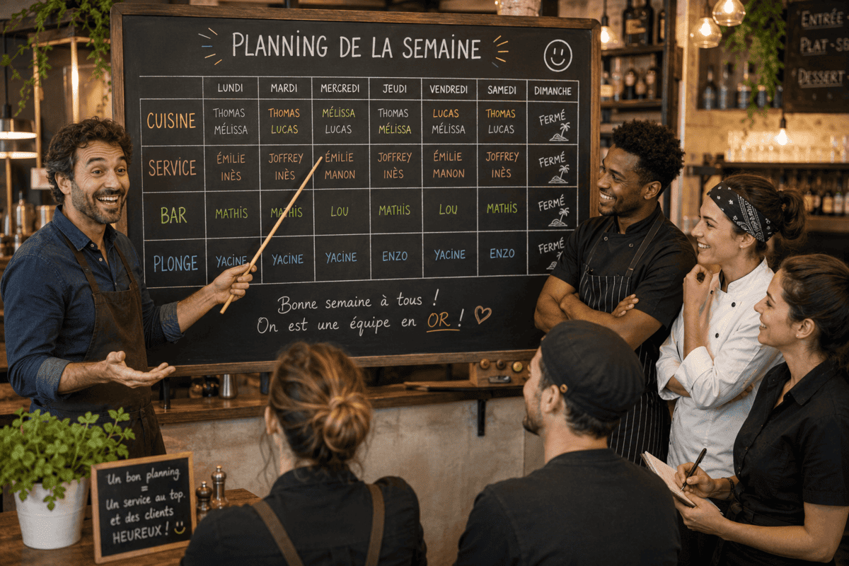 un restaurateur présente le planning a son équipe