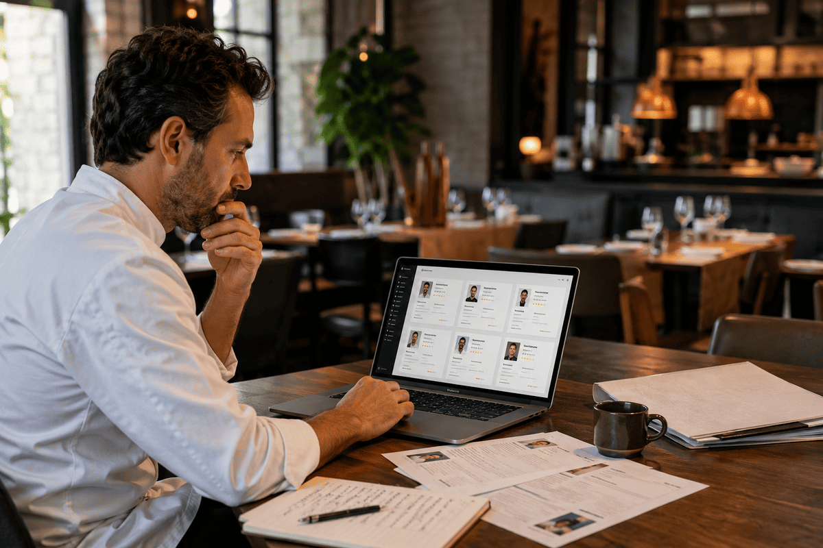 Alternatives Hosco ; un restaurateur regarde les alternatives sur son ordinateur