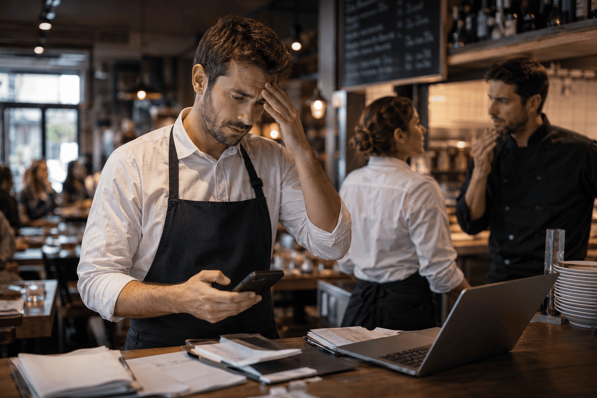 Brigad avis : un restaurateur regarde son téléphone l'air embêté