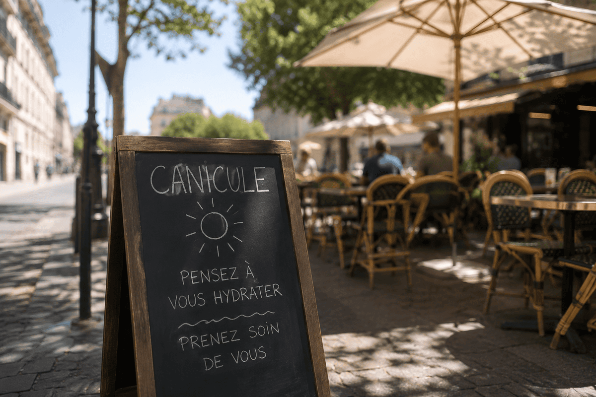 canicule ; une pancarte d'un restaurant affiche de bien s'hydrater au lieu du menu