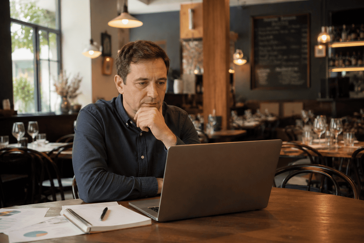 un restaurateur compare les plateformes dans son restaurant sur son ordinateur