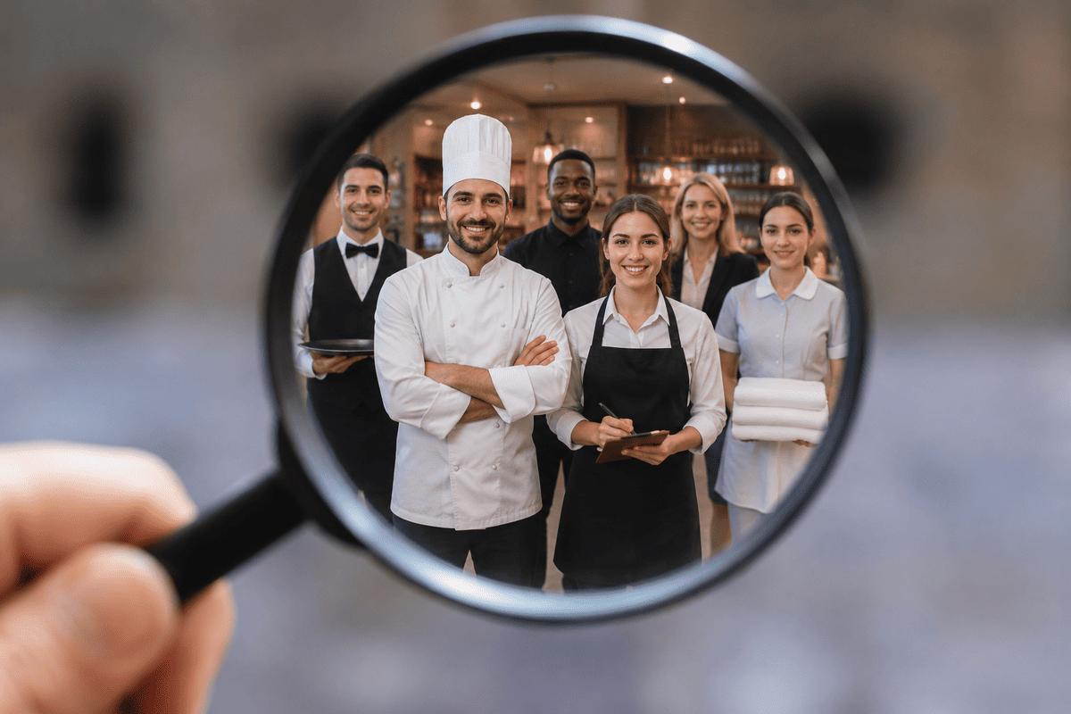 recruter en septembre, un recruteur regarde a travers une loupe ses candidats HCR