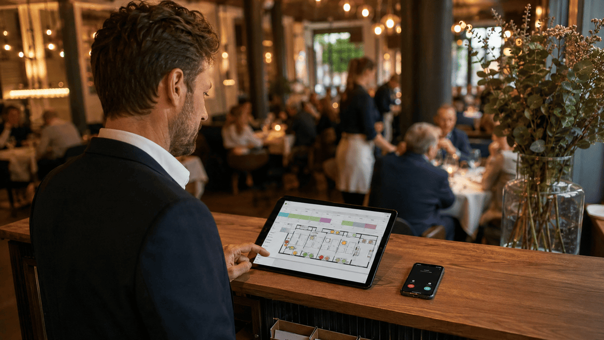un manager de restaurant regarde la disposition des tables sur sa tablette et quelqu'un l'appelle au téléphone pour réserver une table